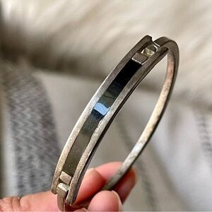 Mexican Silver Tone Bangle Black Enamel Fits Small/Kids 1.5" Circumference